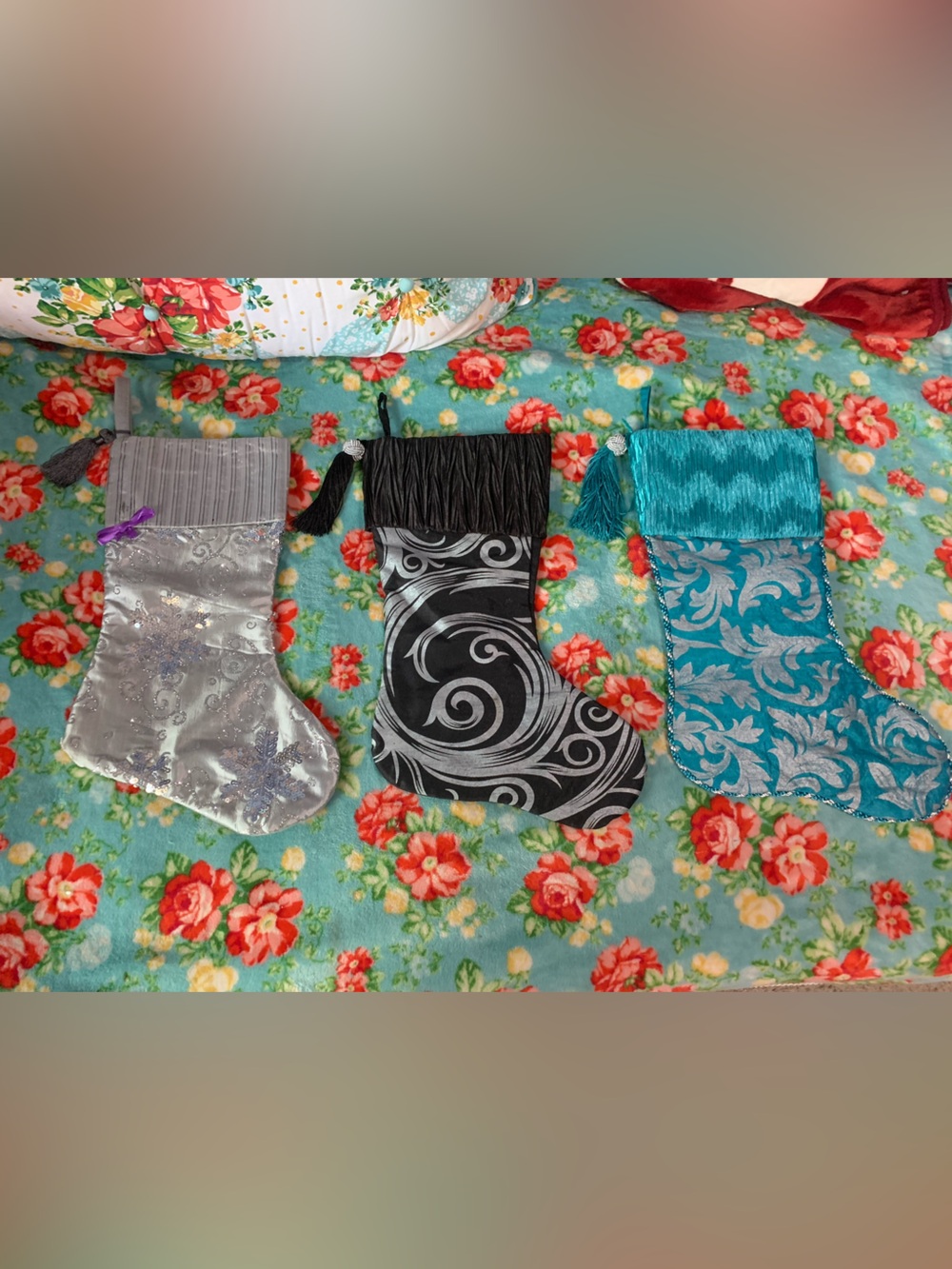 Set 3 Modern Christmas Stockings Gray Turquoise Black & White